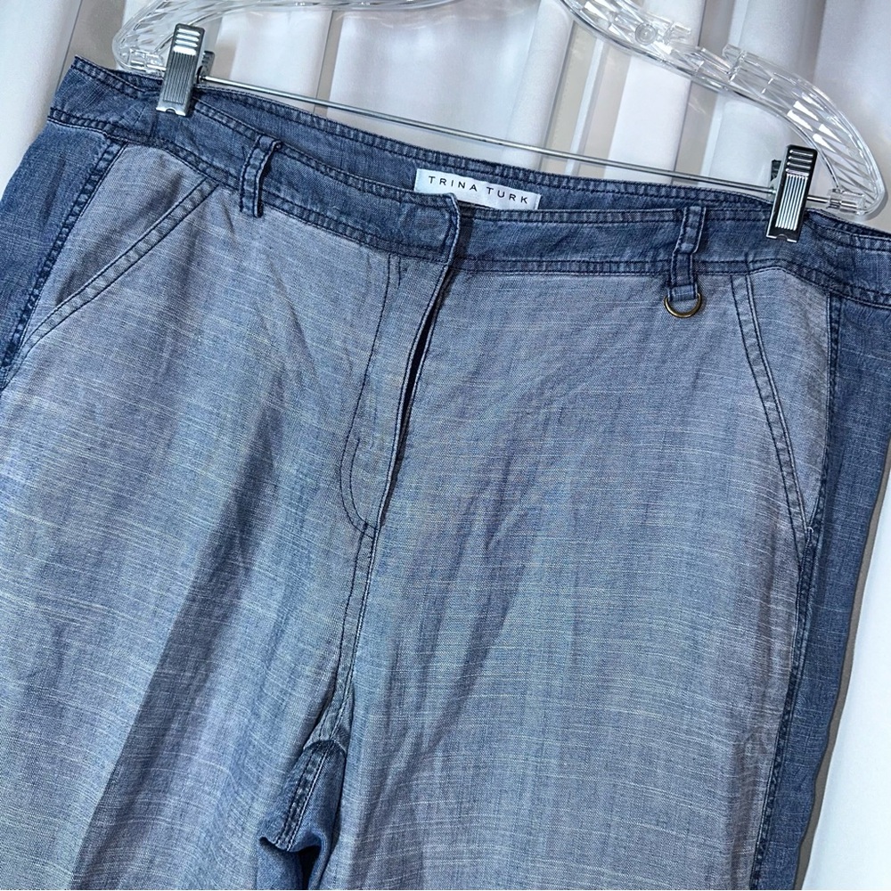 Trina Turk Filipe Pants Blue Linen Blend Step Fray Crop Jeans 37x25 Lagenlook